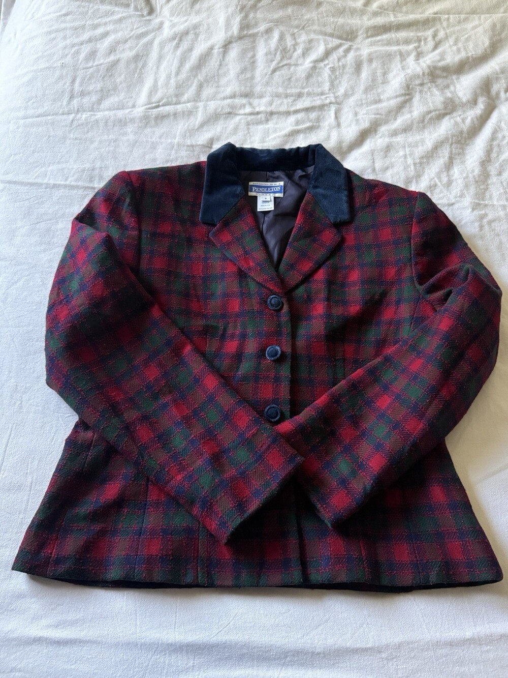 Vintage Pendleton Blazer Wool Plaid Red Green Christmas Velvet Collar Women 8